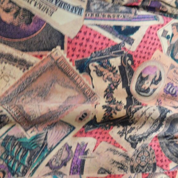 VINTAGE LINDA ALLARD ELLEN TRACY SILK BLOUSE MONETARY PRINT SIZE 2 PLUS SIZE - Picture 2 of 7